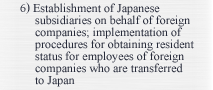 6)Establishment of Japanese subsidiaries on behalf of foreign companies; implementation of procedures for obtaining resident status for employees of foreign companies who are transferred to Japan
